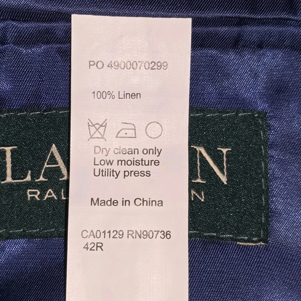 Ralph Lauren 100% Linen Blazer Mens 46L, Blue‎ Windowpane Plaid, 2 Button, Notch